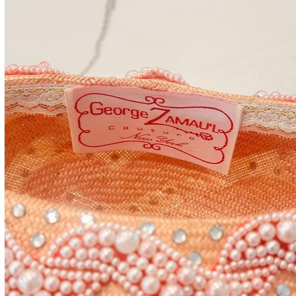 George Zamau\'l‎ Couture | Rare Vintage 1940s Pink Felt Rhinestone Feather Hat